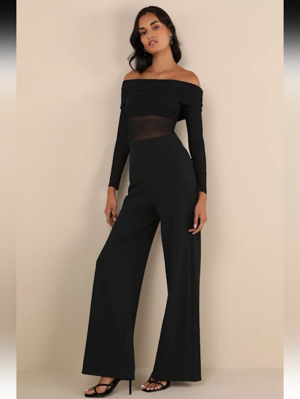 Lulu's SULTRY STATEMENT MESH SLEEVE  Black RUTCHED Off-Shoulder Jumpsuit SIZE M